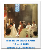 MESSE DU JEUDI SAINT  19 avril 2019 Article : Le Jeudi Saint